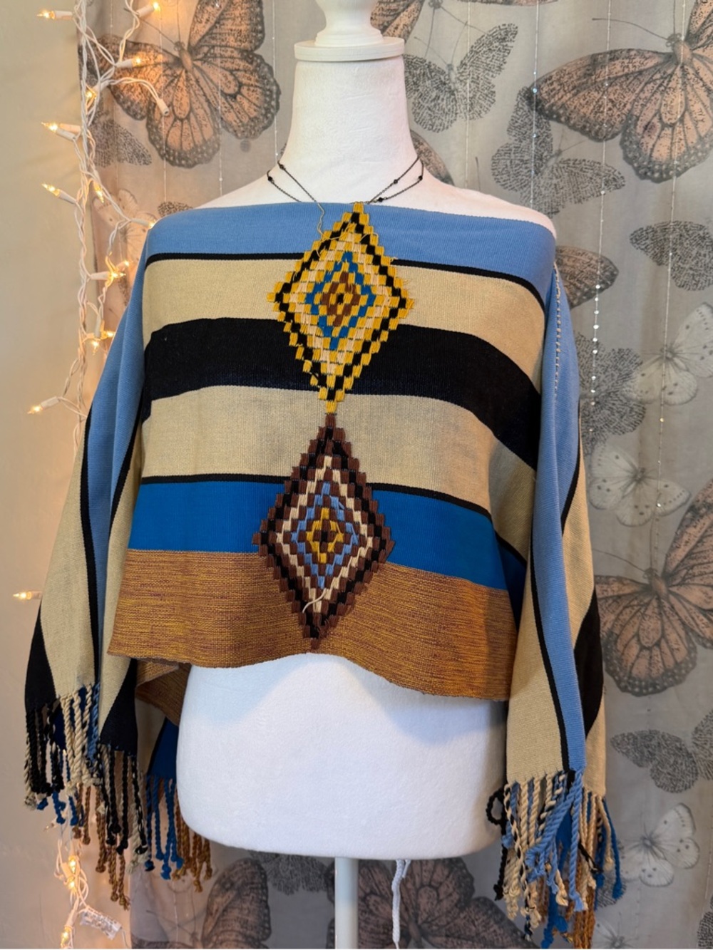 Woven Handmade Fringe Blue Tan Striped Poncho- MED